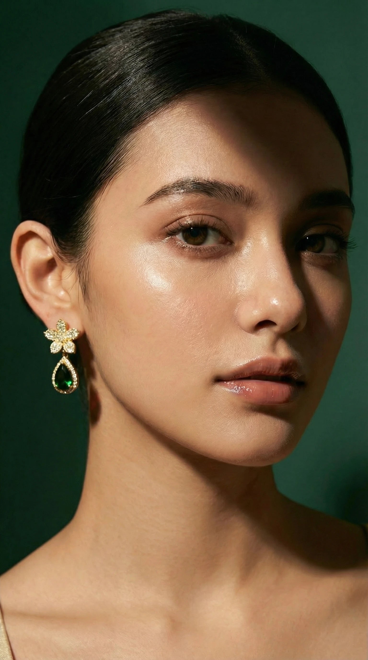 Gold flower-shaped earrings with clear gemstones and large teardrop-shaped green gemstones surrounded by small clear stones.