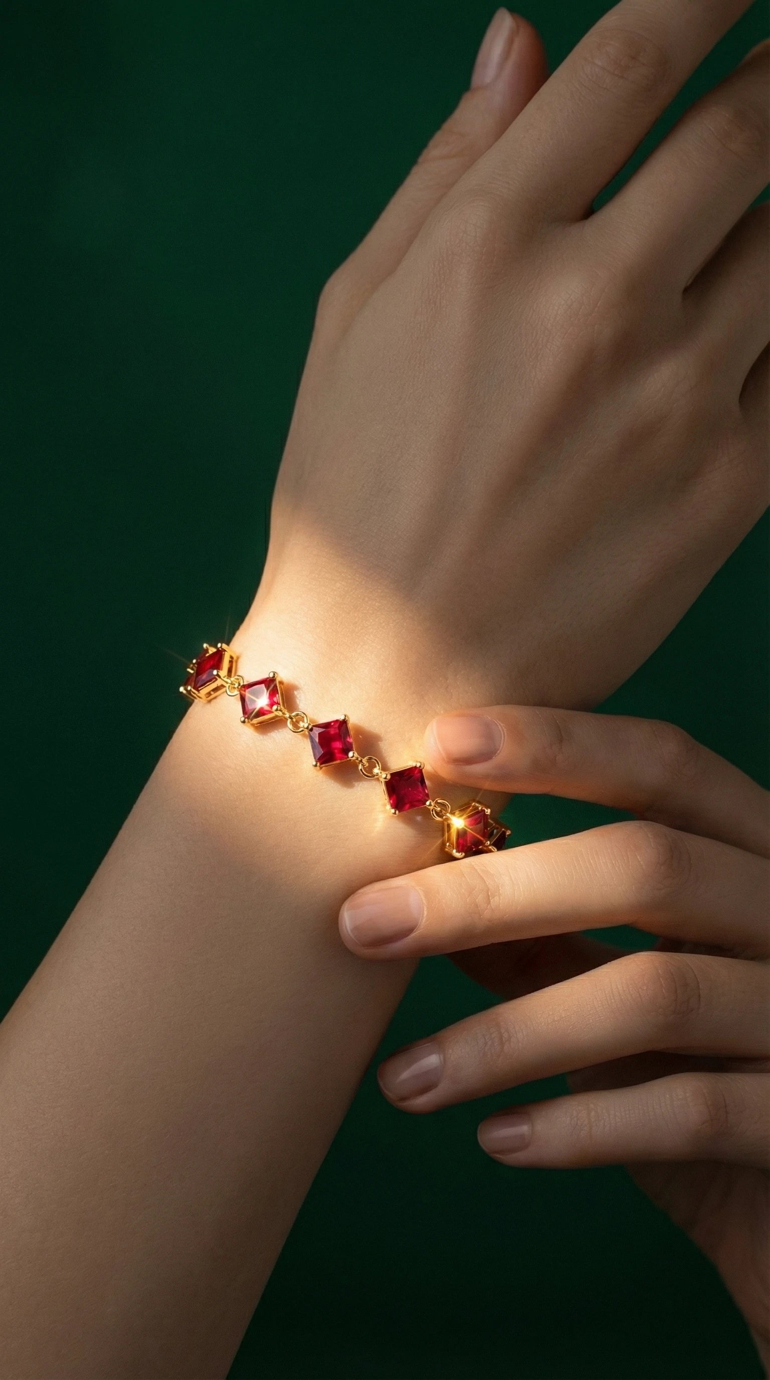 Gold bracelet featuring square red gemstones linked together, worn on a wrist.