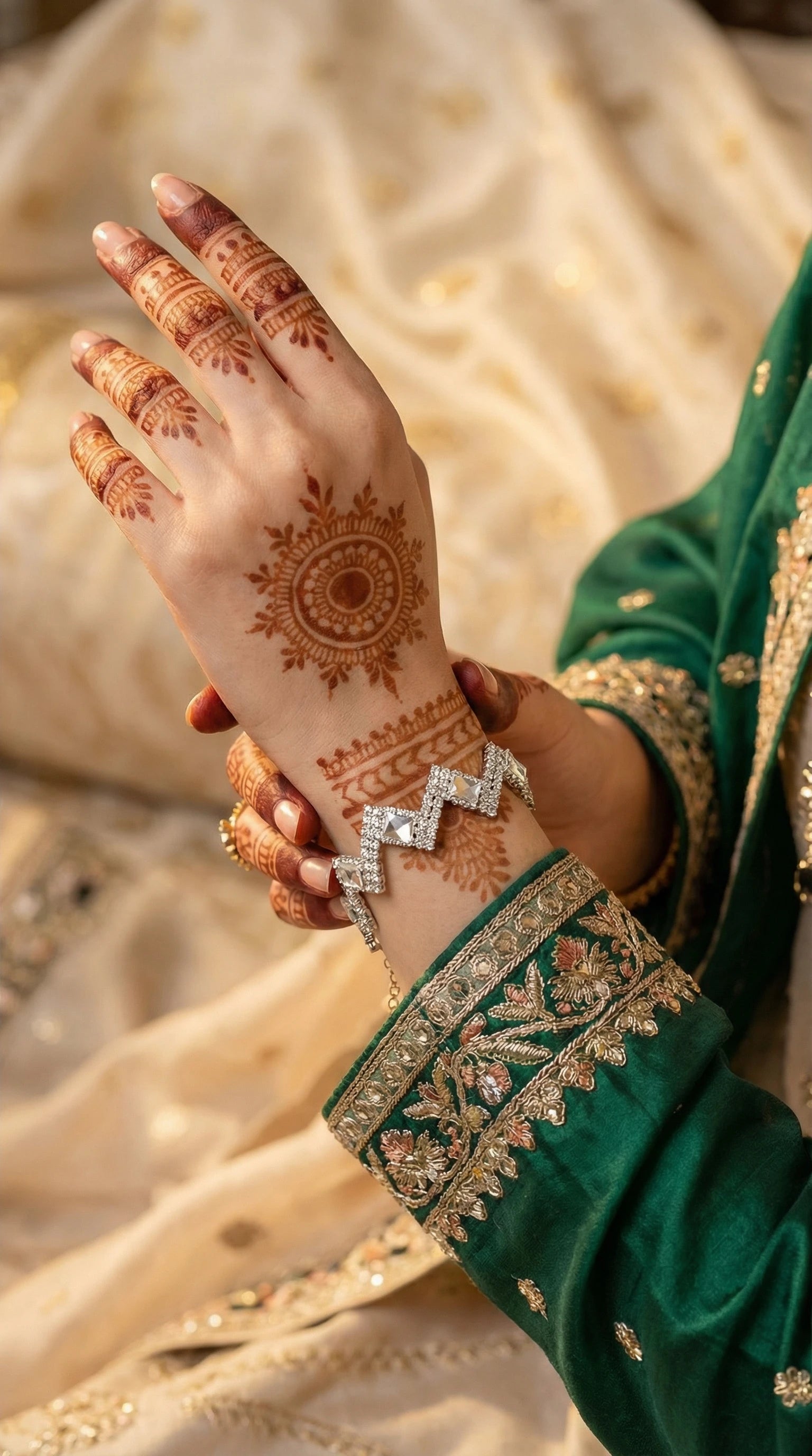 Silver bracelet with alternating square and round clear gemstones arranged in a zigzag pattern, worn on a wrist.