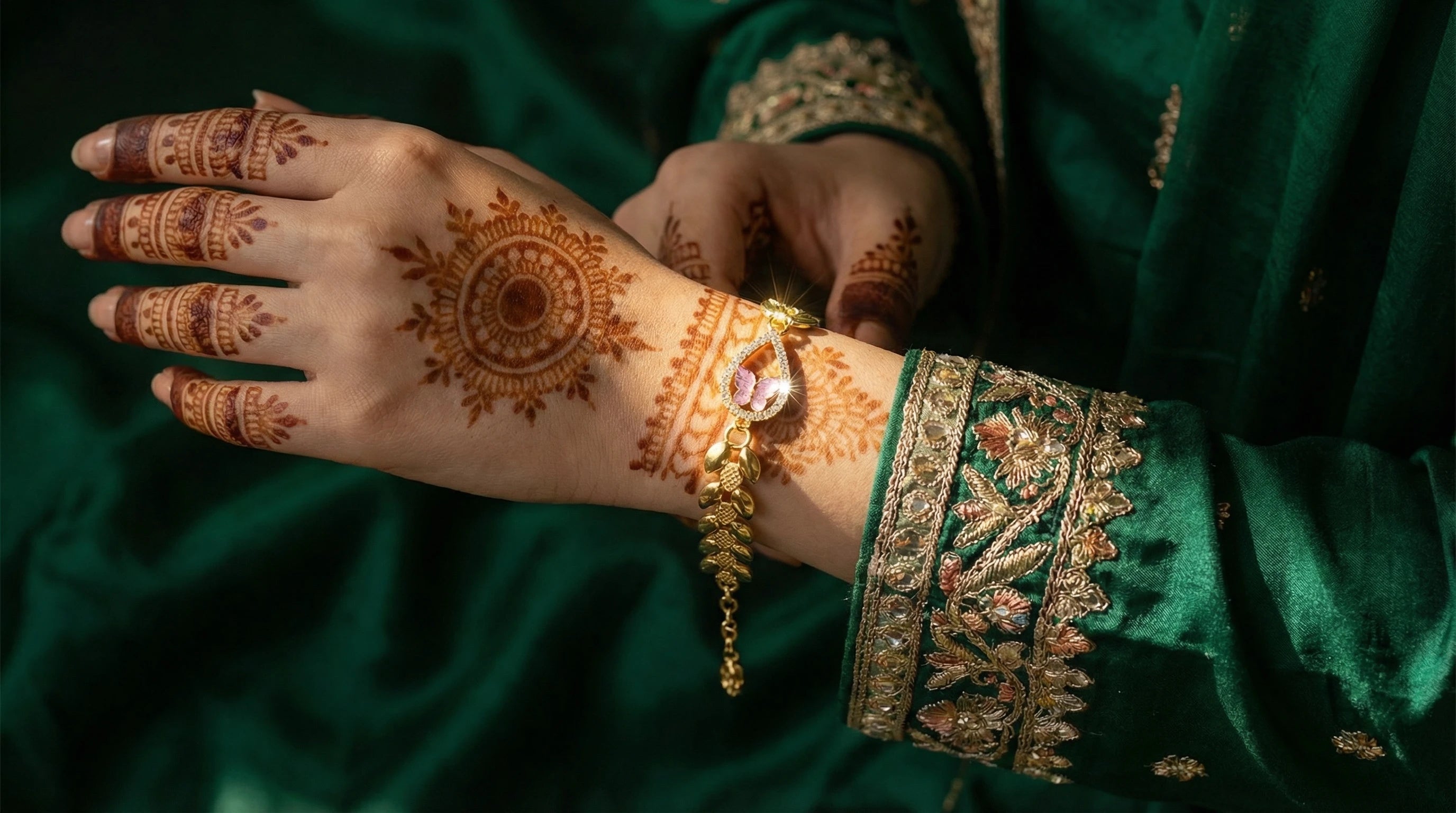 Gold bracelet with a teardrop-shaped centerpiece featuring a pink butterfly design surrounded by small clear gemstones, worn on a wrist.