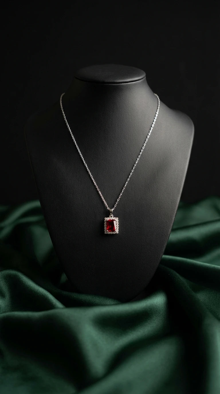 Silver necklace with a red gemstone pendant on a black mannequin against a dark background