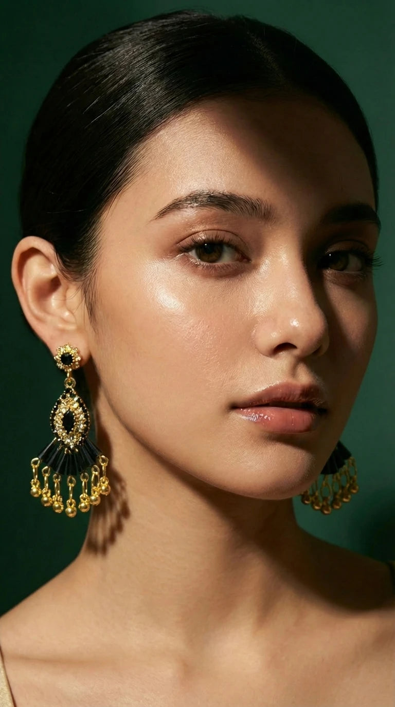 Gold and black chandelier earrings with intricate design and dangling gold beads, worn by a woman with dark hair pulled back.