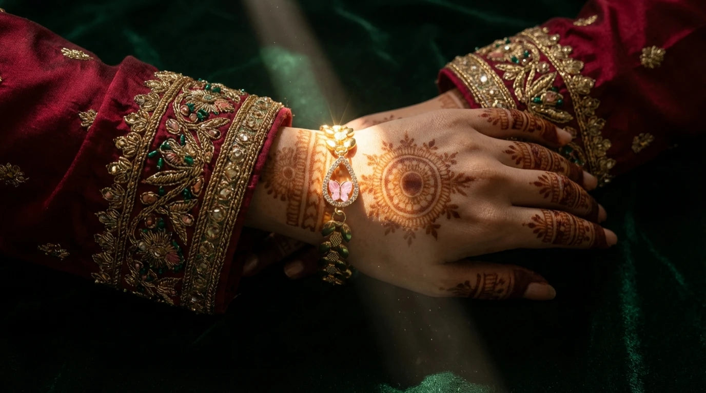 Gold bracelet with a teardrop-shaped centerpiece featuring a pink butterfly design surrounded by small clear gemstones, worn on a wrist.