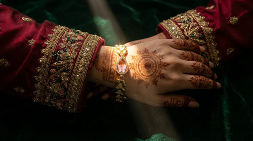Gold bracelet with a teardrop-shaped centerpiece featuring a pink butterfly design surrounded by small clear gemstones, worn on a wrist.