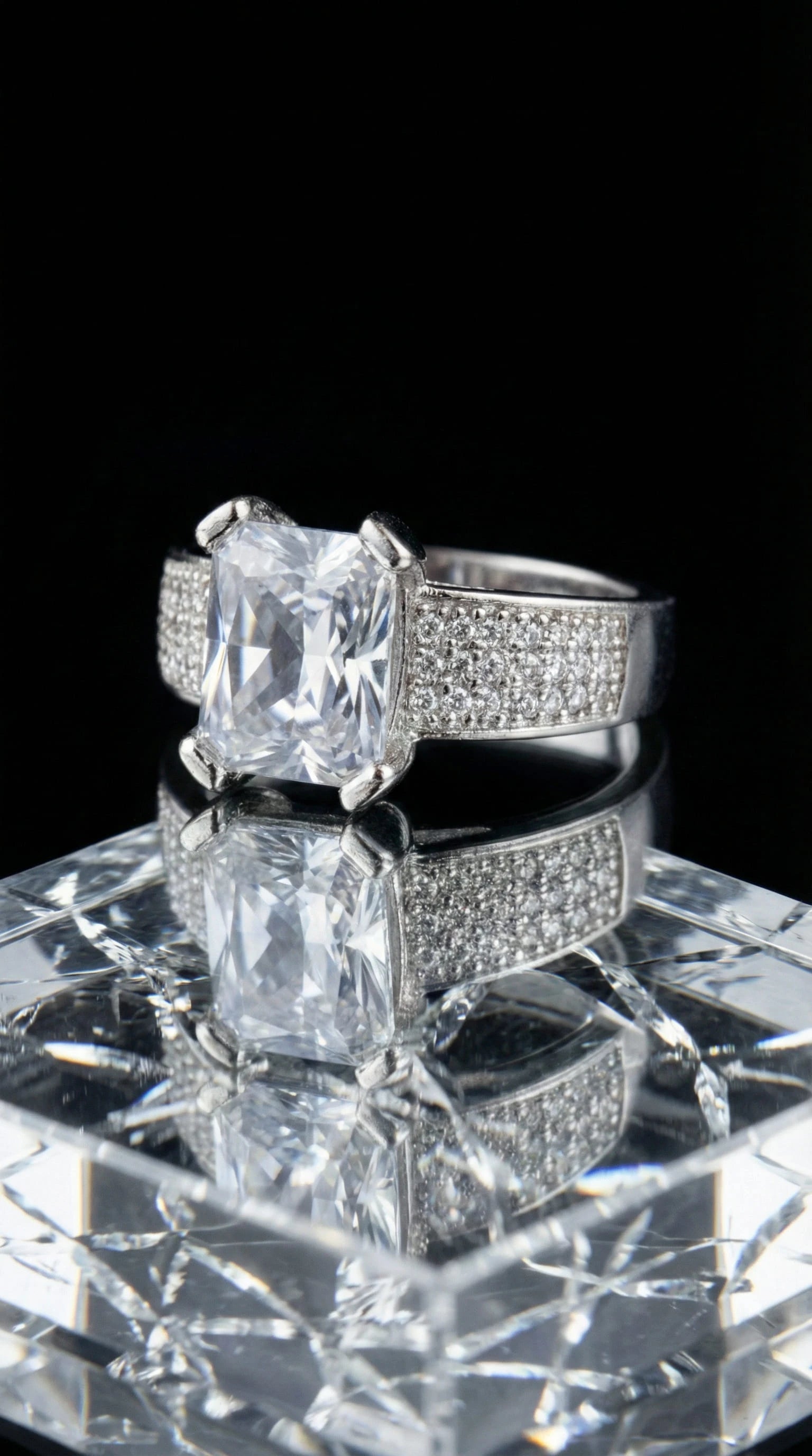 Silver engagement ring with a square-cut clear gemstone and pavé diamond accents on the band, presented in a red velvet ring box.