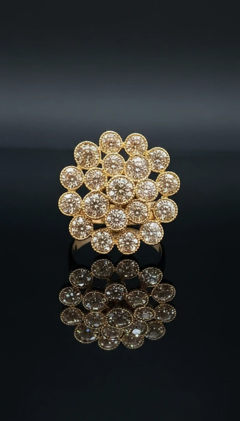 Gold ring with cluster design featuring multiple round-cut diamonds arranged in a floral pattern.