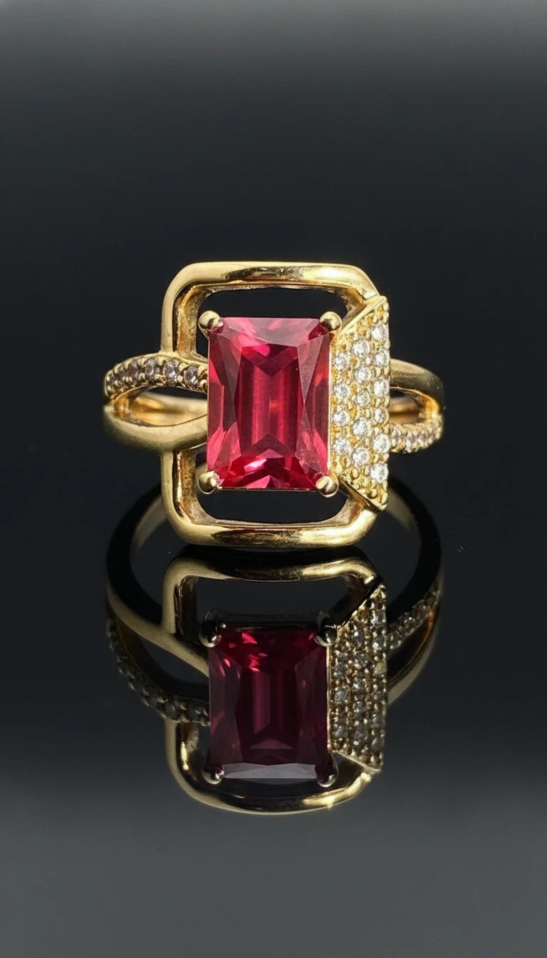 Gold ring featuring a square-cut red gemstone centerpiece with pavé diamond accents on one side of the band.