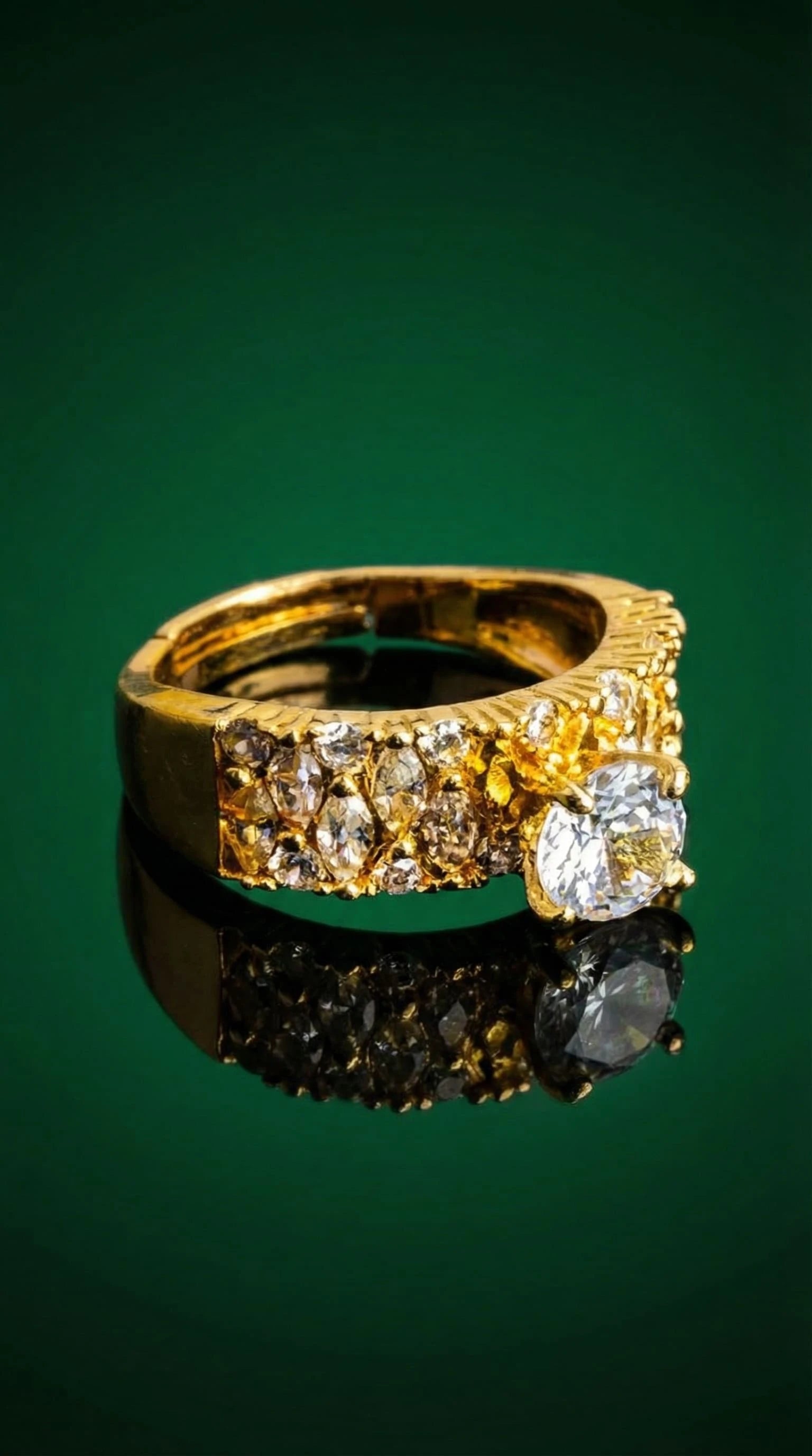 Gold ring with a large round-cut central diamond and multiple smaller diamonds set along the band.
